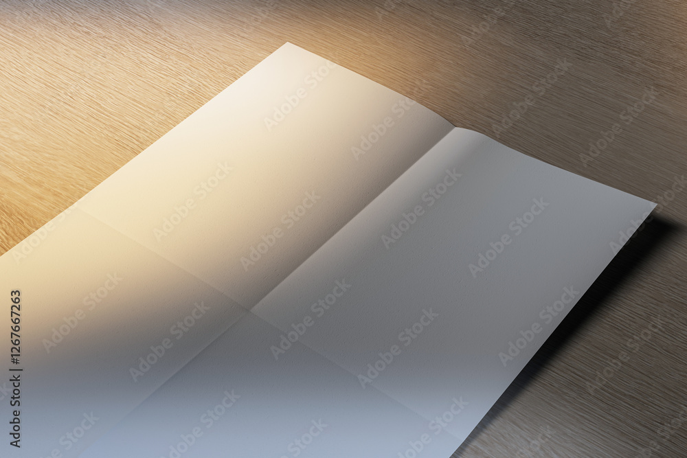 Poster blank folded paper sheet on wooden surface with soft lighting. 3d rendering