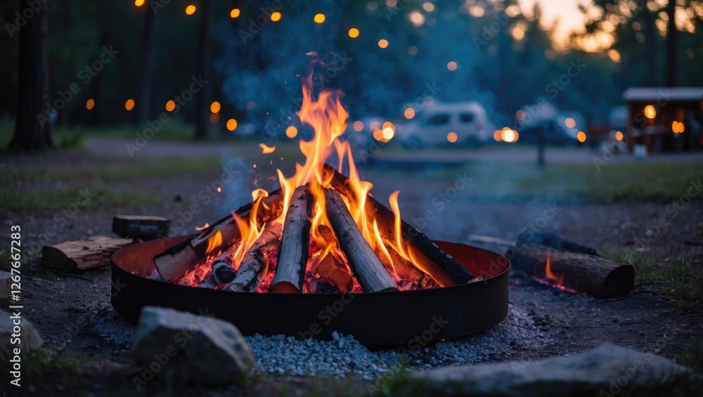 Poster campfire glows brightly in campground with atmospheric background and space for custom text overlay