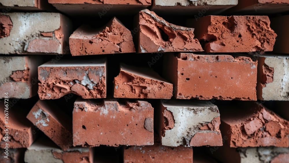 Poster close-up of weathered bricks stacked in a neat arrangement showcasing texture and details suitable f