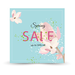Spring sale on a blue background. Magnolia flowers. 50% discount. Vector 