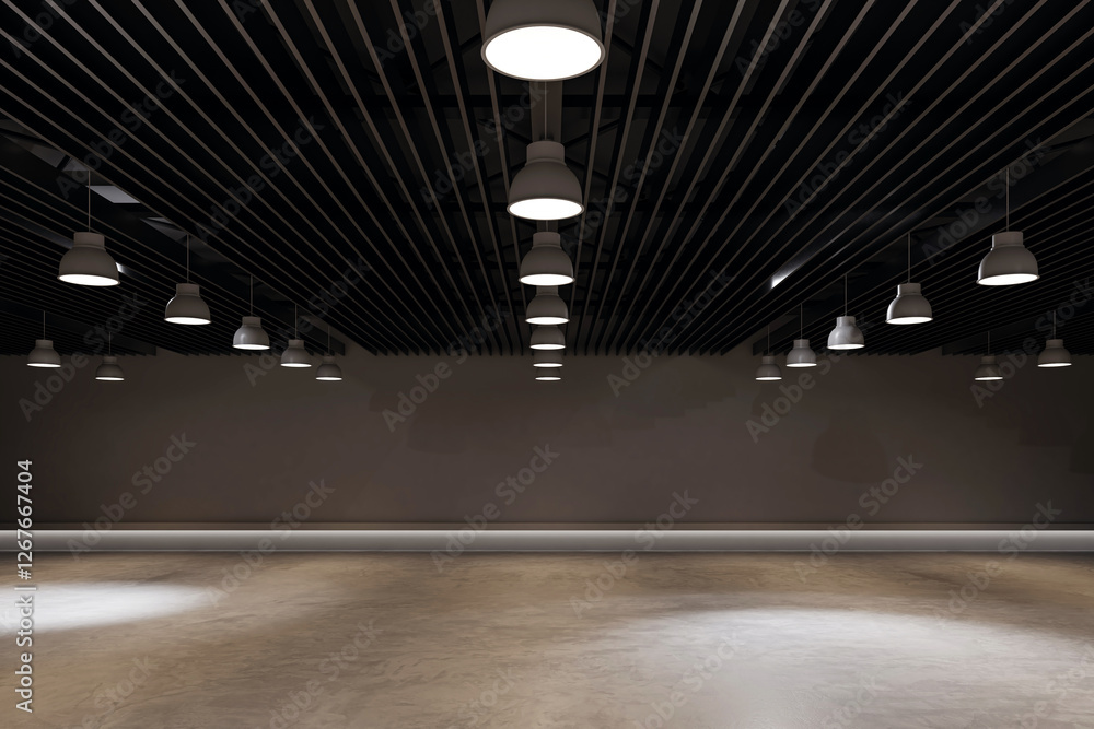 Poster modern interior with dark ceiling and hanging lamps in a spacious hall. 3d rendering