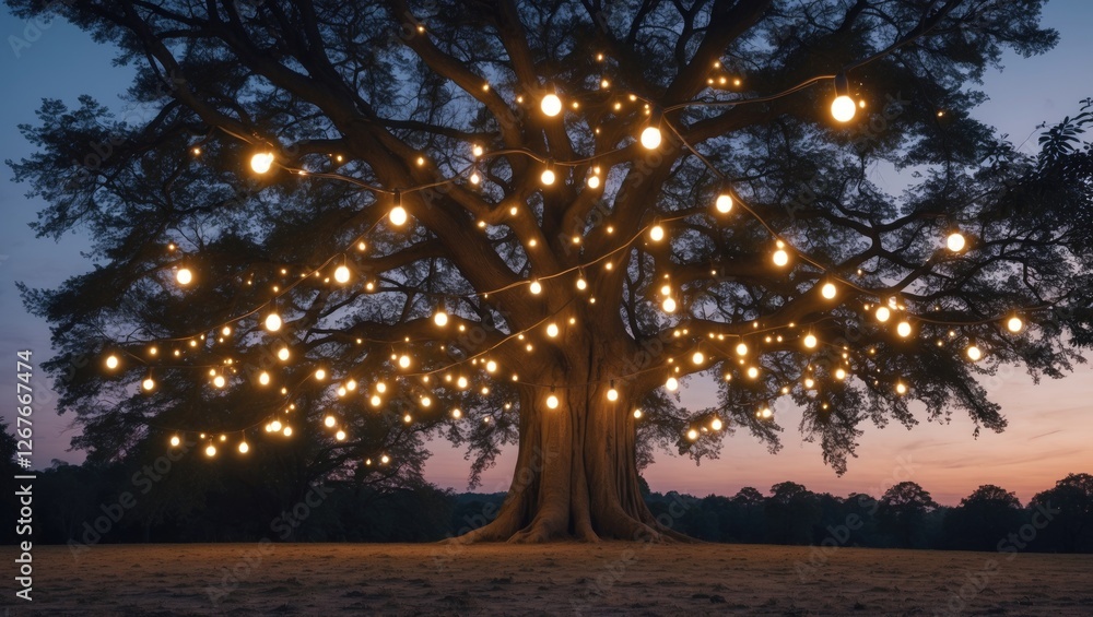 Poster twinkling lights adorn majestic tree with twilight background and space for personalized text or mes