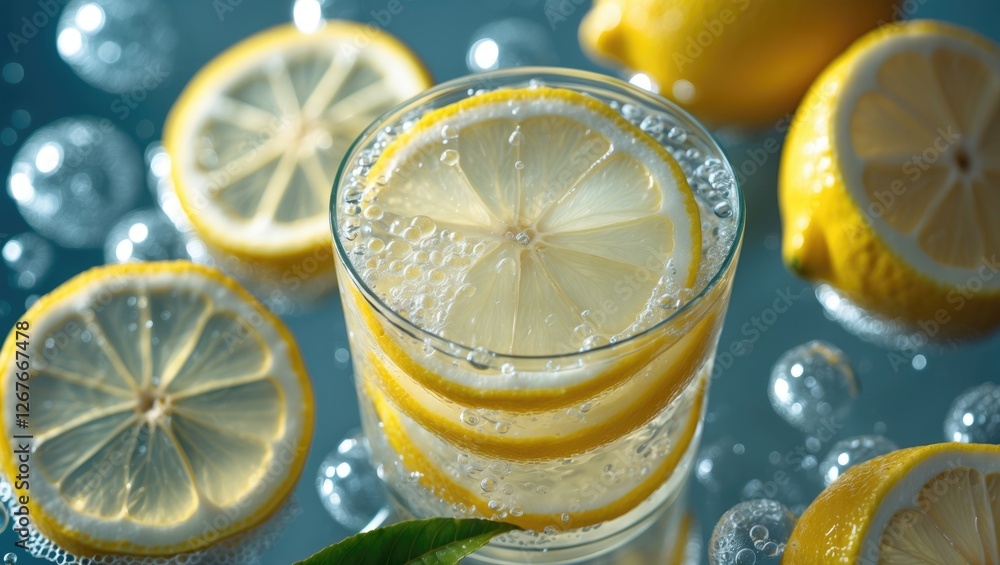 Poster refreshing lemonade with fresh lemon slices and bubbles surrounded by whole lemons on a vibrant summ