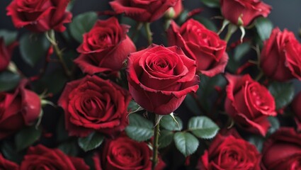 Obraz premium Elegant Close Up of Red Roses with Lush Green Leaves Ideal for Text Overlay or Romantic Background Design