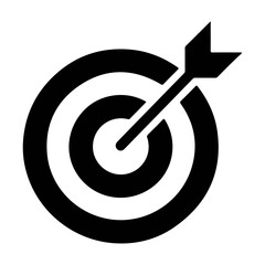 Black and white target icon with an arrow hitting the center symbolizing accuracy focus goal achievement business strategy success and precision isolated on white background