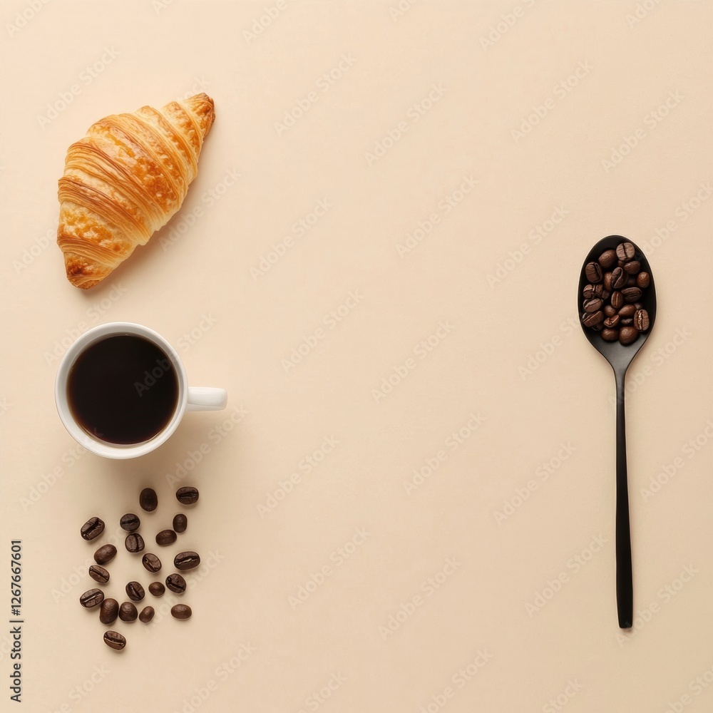 Poster morning coffee and croissant flat lay with coffee beans arranged on a neutral background for a cozy 