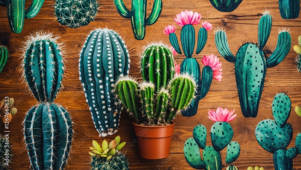Poster cactus hipster pattern on wooden background with potted cactus and colorful flowers empty space for 