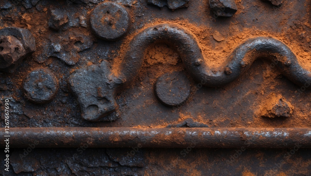 Poster rusty iron surface texture featuring corroded metal elements and vivid orange rust patterns. ideal f