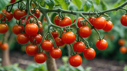 Vibrant bunch of ripe cherry tomatoes growing on the vine in an organic farm setting showcasing healthy agricultural practices.
