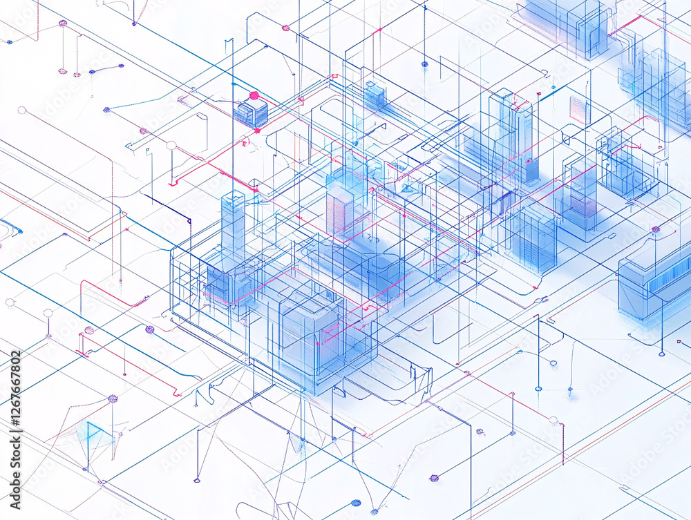 Poster a futuristic digital architectural blueprint featuring interconnected buildings and infrastructure w
