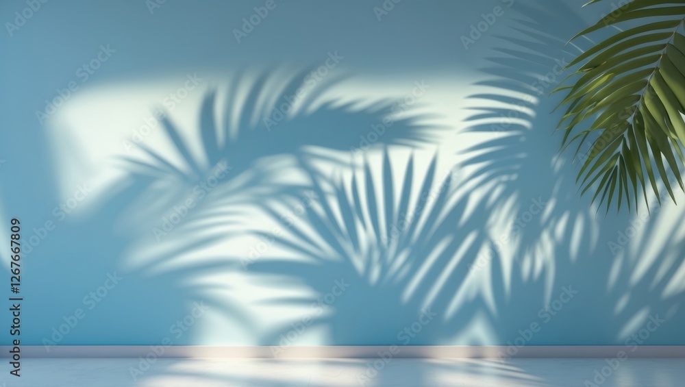 Poster blurred shadows of palm leaves cast on a soft blue wall minimalist abstract background ideal for pro