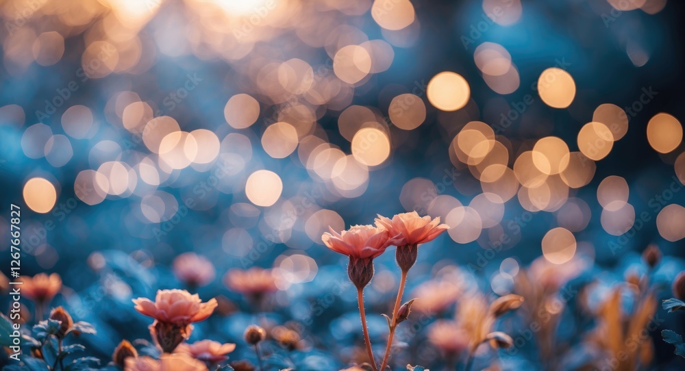 Poster enchanting bokeh background with delicate flowers and soft illuminated lights in a dreamy natural se