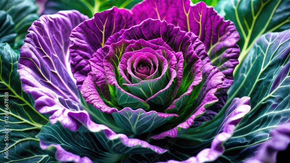 Poster vibrant purple cabbage close-up showcasing intricate leaf textures and natural patterns in a fresh, 