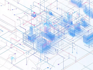 A futuristic digital architectural blueprint featuring interconnected buildings and infrastructure with detailed wireframe elements

