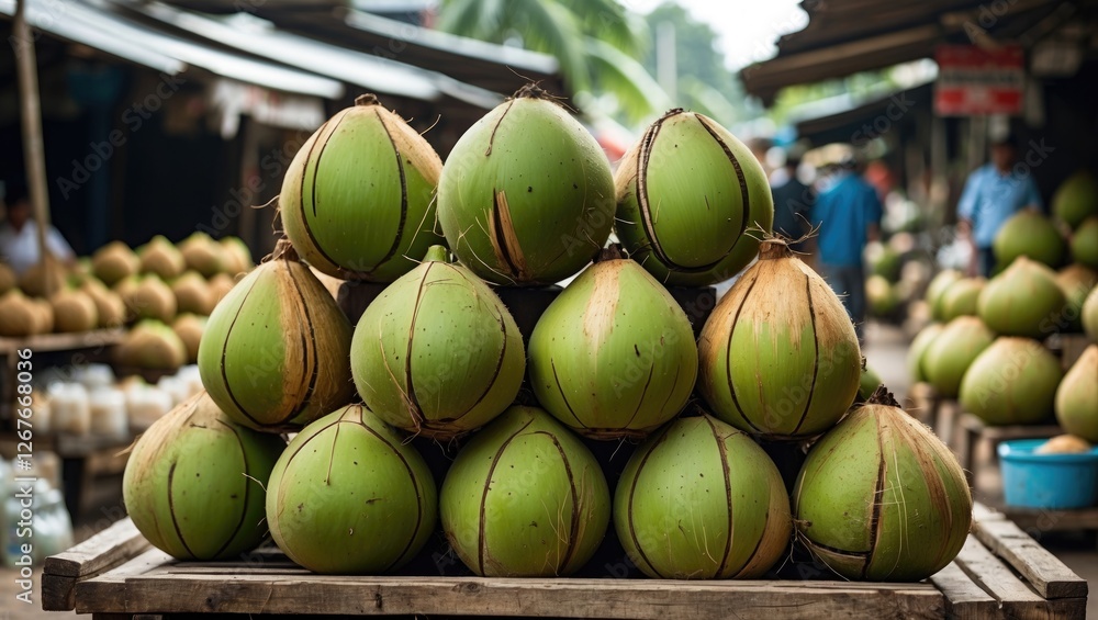 Poster fresh green coconuts stacked for sale at a vibrant local market with space for your custom text or a