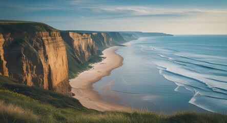 Cliffside Beach Landscape With Tranquil Sea And Sandy Shoreline Ideal For Text Overlay Or Travel Promotion