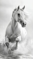 Majestic white horse galloping through shallow water during a cloudy day in black and white