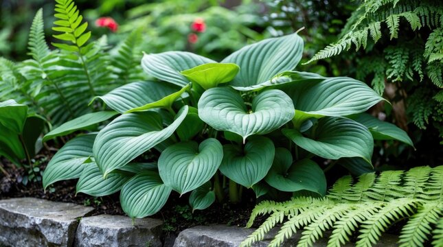 Vibrant close-up of lush Hosta sieboldiana foliage alongside delicate ferns in a serene garden setting showcasing plant diversity.