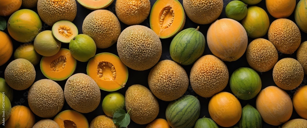 Poster vibrant assortment of cantaloupe and melon varieties displayed on a dark background highlighting the