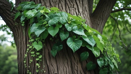 Lush green climbing plant cascading over the textured bark of a large tree in a serene natural setting.