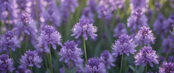 Obraz premium Purple Floral Background with Close-Up View of Vibrant Blooms and Greenery Perfect for Text Overlay or Decorative Use