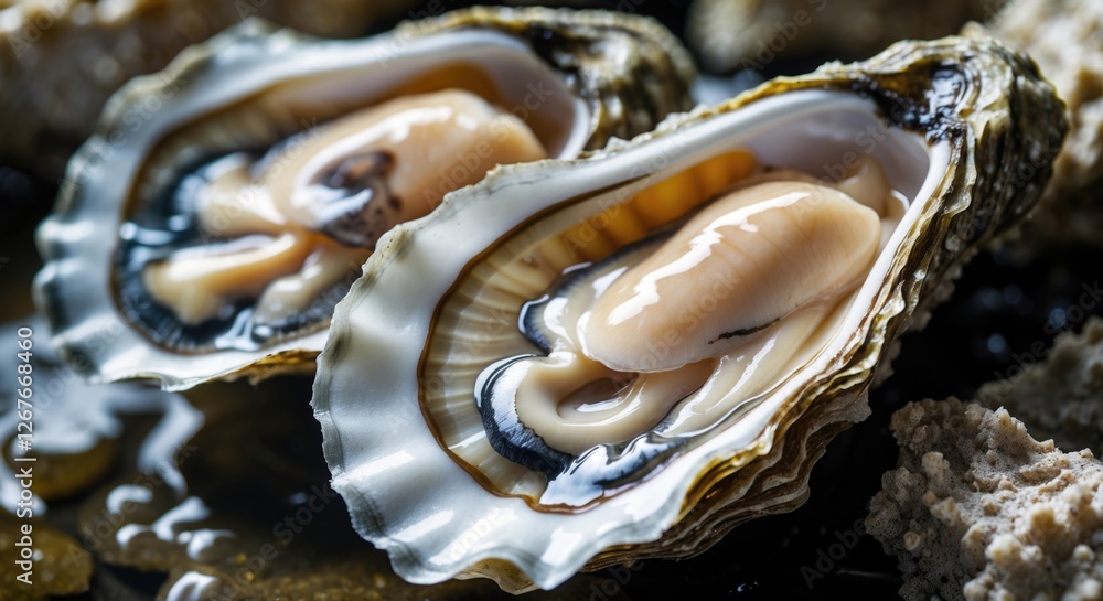 Poster close up view of fresh opened oysters showcasing their delicate meat and intricate shell textures in