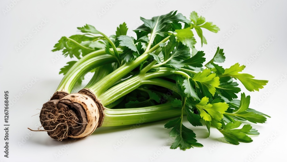 Poster fresh celery bunch with roots isolated on white background for culinary and nutritional applications
