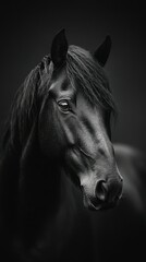 Majestic black horse with flowing mane captured in striking monochrome portrait