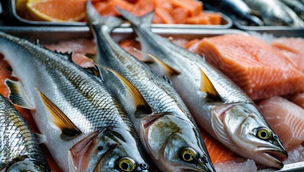 Poster fresh fish market close-up featuring assorted fish varieties with empty space for text and branding 