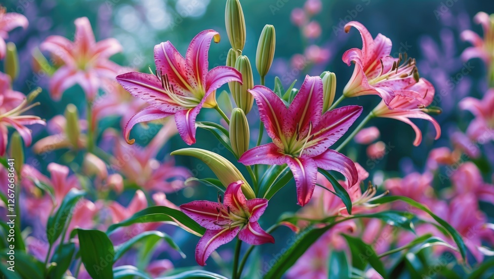 Aufkleber vibrant butterfly lilies in bloom with terminal cymose umbels against a soft focus background and sp