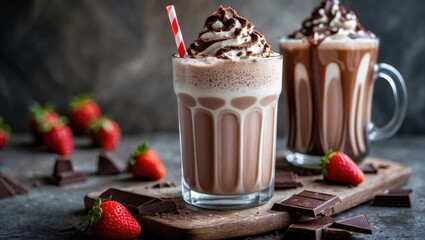 Indulgent chocolate milkshake topped with whipped cream and chocolate drizzle, garnished with fresh strawberries and chocolate pieces.