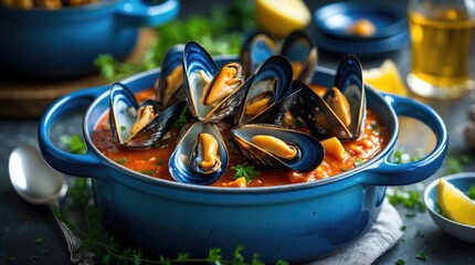 Mouthwatering blue casserole dish filled with succulent mussels in rich tomato sauce garnished with fresh herbs and lemon slices