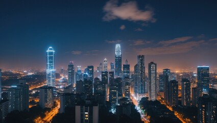 Fototapeta premium Cityscape at Night with Illuminated Skyscrapers and Space for Text Display