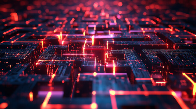Futuristic digital maze with glowing circuits symbolizing cybersecurity, data encryption, artificial intelligence, and high-tech innovation in a complex cyber network with neon lighting - Powered by Adobe