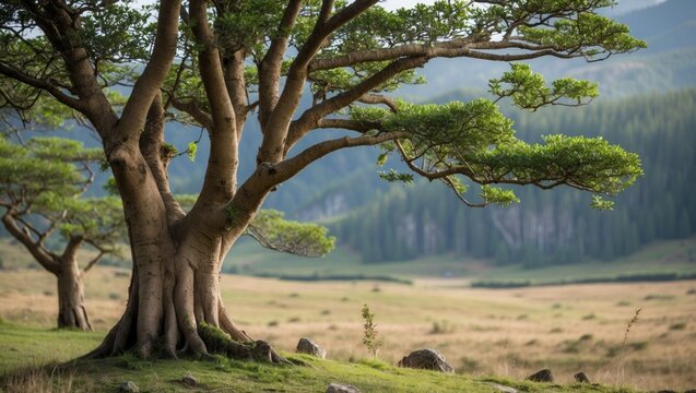 Majestic Bothi Tree with sprawling branches in serene landscape surrounded by rolling hills and lush greenery under soft natural light