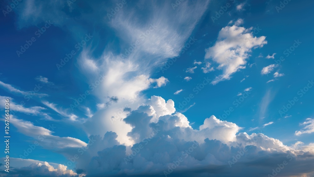 Poster serene blue sky with fluffy white clouds displaying intricate patterns in a bright daylight atmosphe