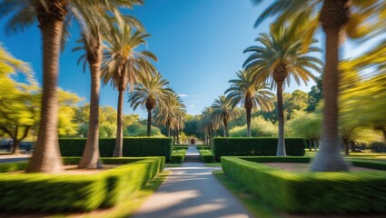 Fototapeta premium Lush outdoor park pathway lined with palm trees and hedges under a clear blue sky inviting serenity and nature's beauty in daylight.