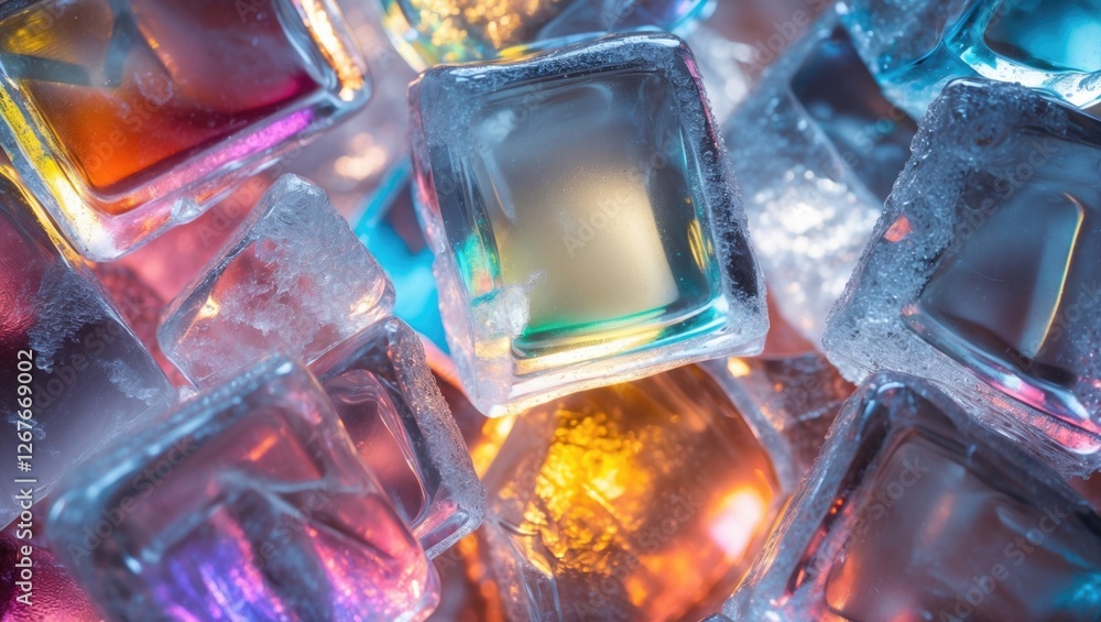 Aufkleber ice cubes with colorful backlighting creating a vibrant textured background for creative design and 