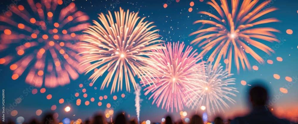 Poster colorful blurred fireworks display in the night sky with festive bokeh effect and space for text or 