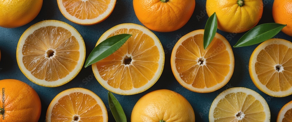 Poster vibrant citrus fruits display with fresh leaves and space for text or branding on a dark background