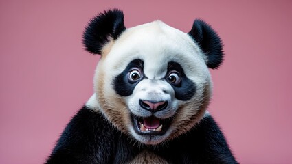 Obraz premium Close-up portrait of an excited panda bear with bright, expressive eyes against a pastel pink background