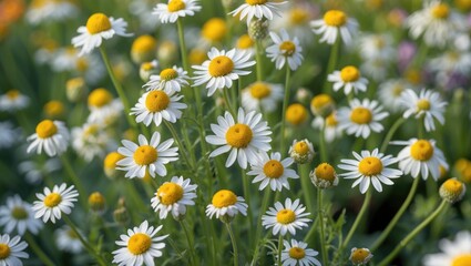 Fototapeta premium Vibrant Chamomile Flowers Blooming in a Sunny Summer Garden Close-Up with Lush Greenery Surrounding Them
