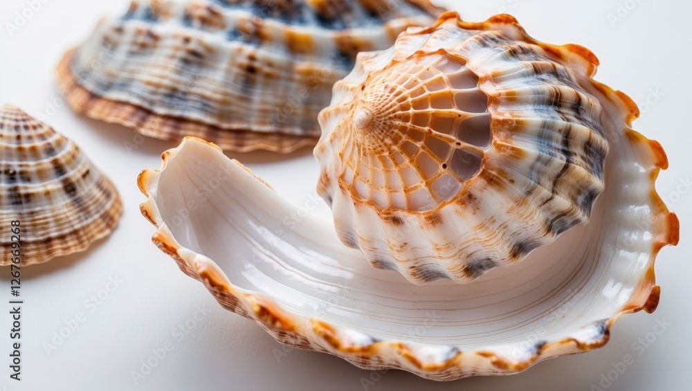 Poster close-up view of colorful sea mollusk shells on white background showcasing intricate textures and p