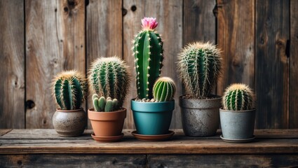 Cacti Arrangement on Rustic Wooden Table with Blank Space for Text Ideal for Natural Plant Promotion or Home Decor Concepts