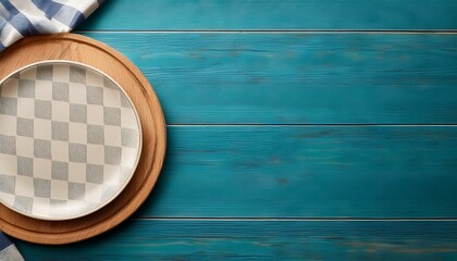 blank teal blue sign with picnic plate and fabric border