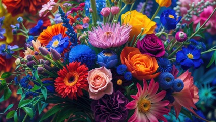 Fototapeta premium Colorful Floral Arrangement with Diverse Blooms in Vibrant Shades Ideal for Celebrations and Decor