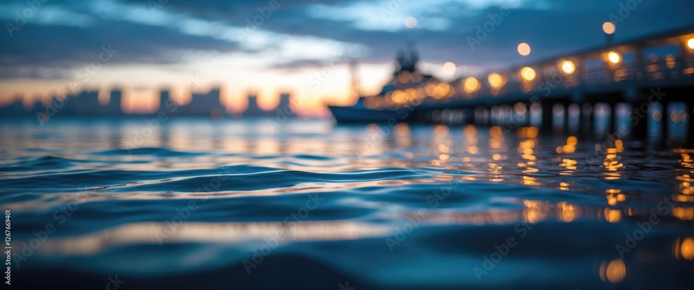 Poster tranquil twilight scene of gentle waves reflecting city lights with a distant pier creating a serene