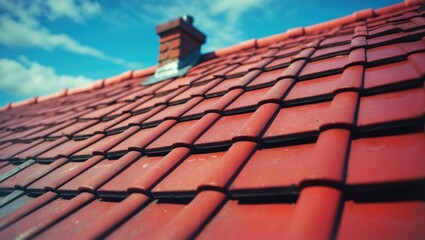 Close-up view of textured red roof tiles with a background of clear blue sky showcasing architectural detailing and vibrant colors.