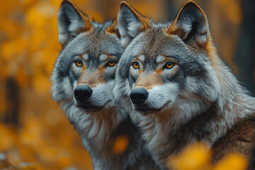 Obraz premium Autumnal Guardians, Twin Wolves in a Golden Hued Wilderness Realm