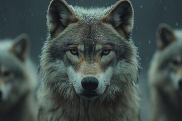Fototapeta premium A Trio of Wolves, A Portrait of Wild Majesty Under a Winter Sky